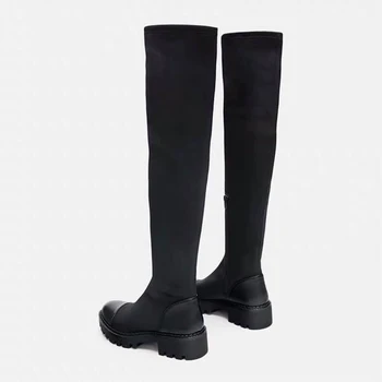 2019 Slim Stretch Lycra Knee High Boots Platform Winter Boots Women Long Boots Winter Shoes Women Sock Boots Over the Knee Boots tanie i dobre opinie Neo Mint Stretch Spandex Knee-High Fits true to size take your normal size Round Toe Patchwork Square heel Basic Bonded Leather