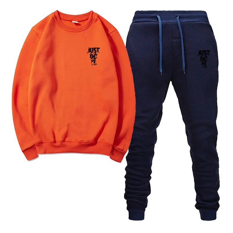Orange navy22 Популярный бренд мужской свитер спортивный костюм принты термобелье мужские спортивные наборы флис плотное худи+ штаны спортивный костюм мужской - Цвет: Orange navy22