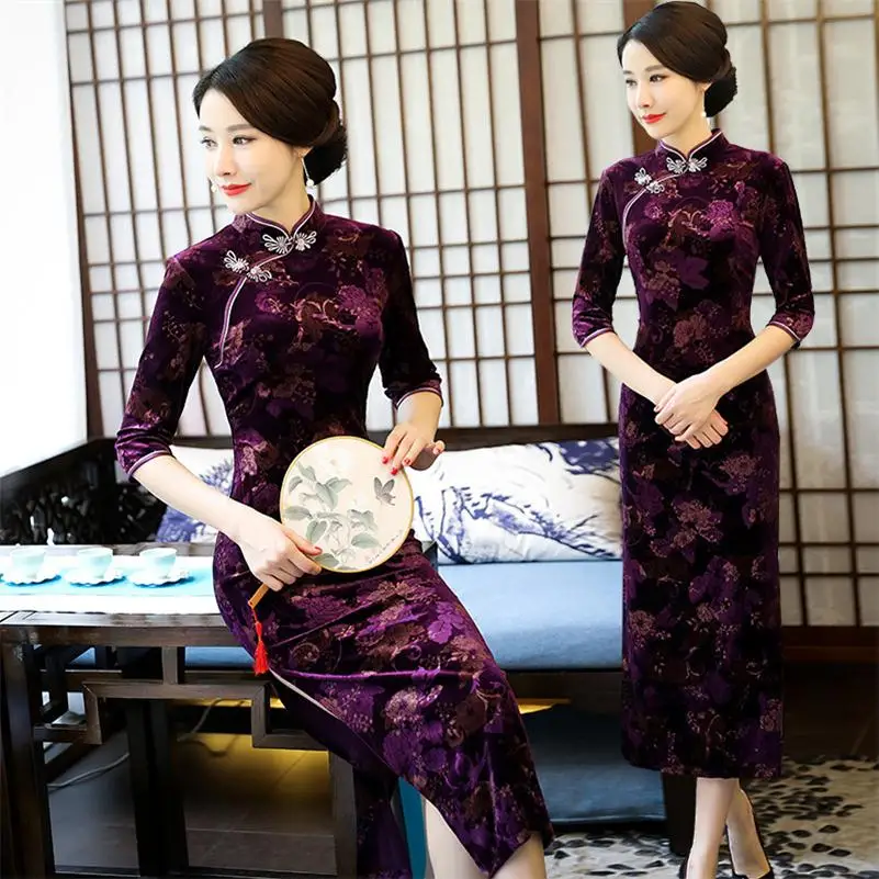 Элегантный тонкий Cheongsam женское традиционное Qipao осенне-зимнее велюровое вечернее платье Vestidos оверсайз M-4XL - Цвет: purple  long