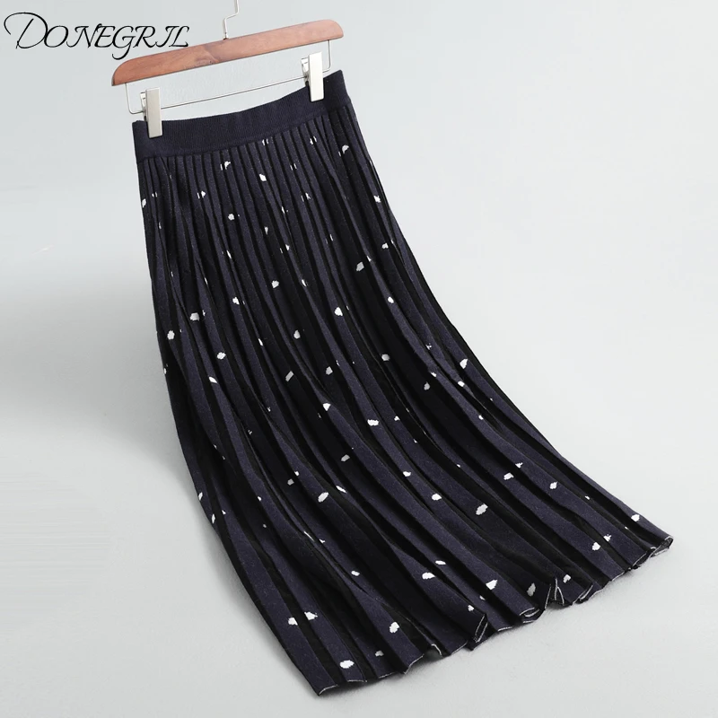 Новая весенне-осенняя винтажная вязаная юбка Женская высокая талия до середины икры в горошек юбка Женская милая универсальная плиссированная юбка Famale