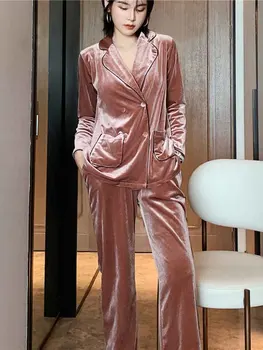 

liiundr Vevet Autumn Winter Pajamas Women Long Sleeve Double Breasted Home Wear Pant Pockets Sleepweawr Pijamas 2 Piece Set 1598