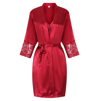 

Burgundy Young Lady Kimono Bathrobe Gown With Lace Sexy Casual Lounge Short Robe Night Dressing Mini Home Clothing Pajamas