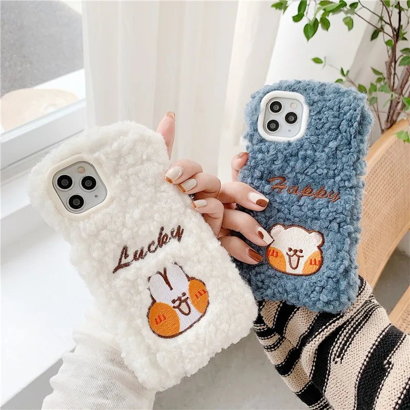 

Cute Embroidery Plush rabbit Phone Cover Case For Iphone X 11 pro Xs Max Xr 10 8 7 Plus SE 4.7 Luxury pu leather Coque Fundas