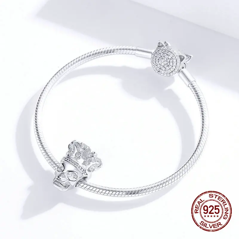 Fit Pandora Шарм браслет череп с короной прозрачные бусины из циркона Серебро 925 ожерелье кулон ювелирные изделия подарок на Хэллоуин