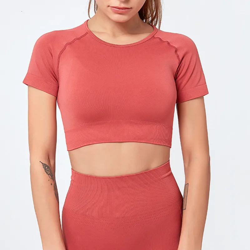 red Спортивная рубашка для женщин, для спортзала, йоги, с коротким рукавом, спортивная одежда для бега, тренировочная одежда, высокая эластичность, пот, фитнес, укороченный топ NCLAGEN - Цвет: red