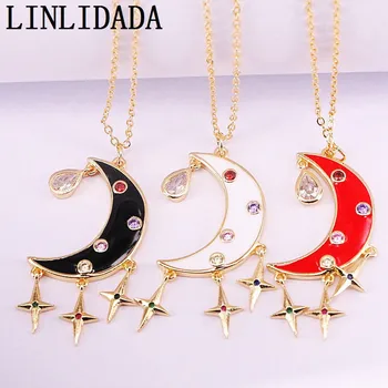 

8Pcs Trendy Enamel Moon Micro Paved Rainbow CZ Gold Color Charm Pendant Necklaces For Women Girl