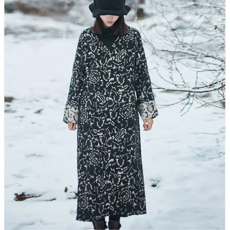 Black SCUWLINEN женская зимняя Толстая куртка винтажная жаккардовая с v-образным вырезом на шнуровке теплая свободная льняная хлопковая куртка Ретро дзен халат S468 - Цвет: Black