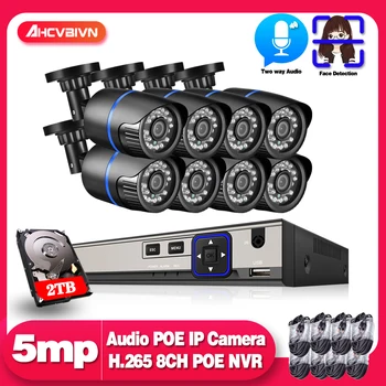 

Face Record 8CH 5MP POE Security Camera System Kit Two Audio HD IP Camera Outdoor Waterproof CCTV Video Surveillance NVR Set 2TB