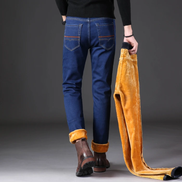 

Super Warmth Mens Jeans Brand Fleece Smart Causal Solid Softener Demin Zipper Fly Full Length Straight Regular Winter Clothes