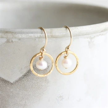 

14K Gold Filled Circle Earrings Hammered Gold Jewelry Minimalism Pearl Oorbellen Brincos Vintage Pendientes Earrings For Women