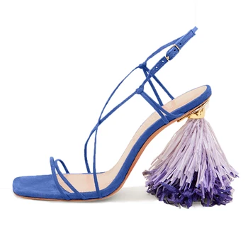

2020 New Fringed Women Summer Sandals Blue Suede 10CM High Heels Cross Straps Sandalias Mujer Tassels Women Pumps Dress Shoes