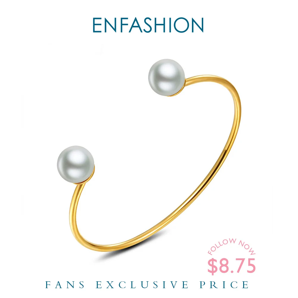 

ENFASHION Double Pearl Cuff Bracelets Bangles For Women Gold Color Stainless Steel Minimalist Open Bangle Fashion Jewelry B4115