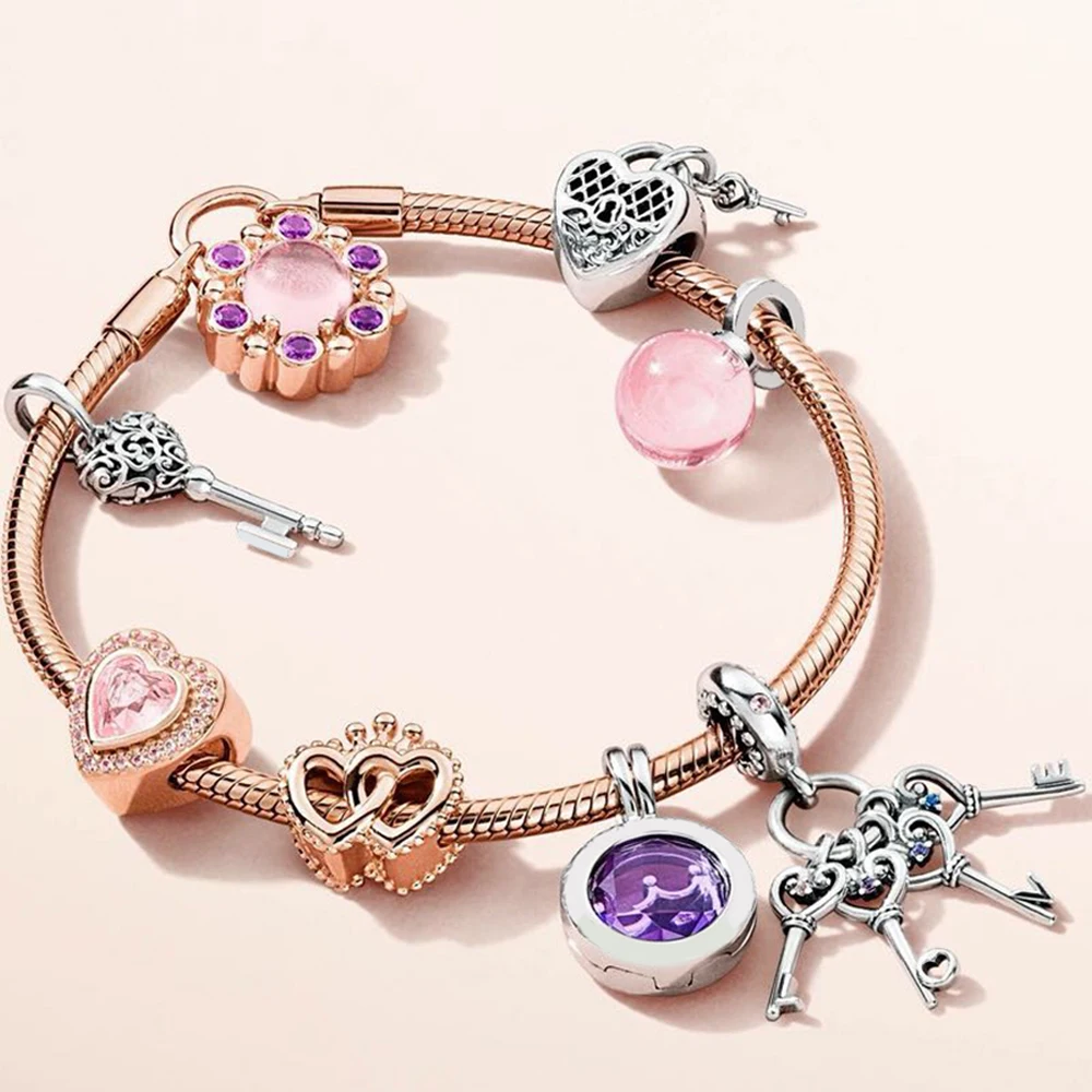 KAAOER 925 sterling silver pearl crown key pendant charm rose gold pink heart key charm bracelet in various styles