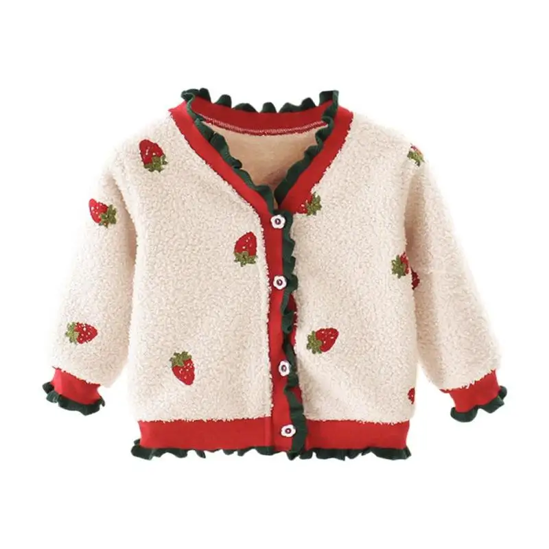 Детский свитер; Детское пальто для девочек; хлопковый Повседневный милый вязаный кардиган с рисунком клубники; плотное флисовое пальто с принтом; Милая одежда - Цвет: White