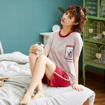

New Products Pajamas Women's Summer Pure Cotton Short Sleeve Sweet Cute Cartoon Korean-style Students Homewear Set-Outer Wear