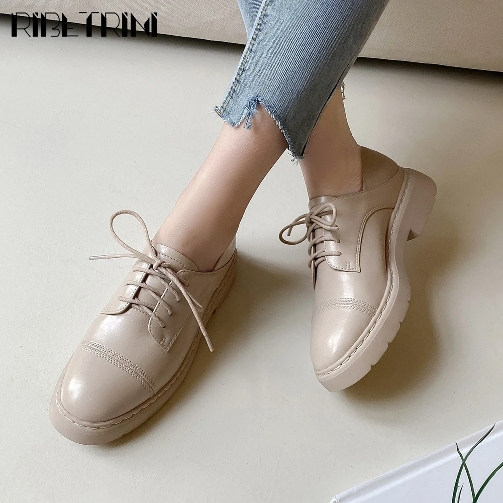 

RIBETRINI Retro Fashion Girl Lace Up Sewing Low Heel Spring Autumn Shoes Woman Flats Women Casual Office Genuine Leather Flats