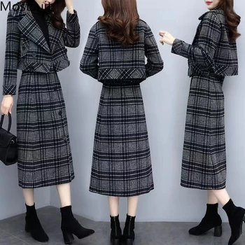 

Plaid Woolen Two Piece Sets Outfits Women Plus Size Short Coat And Long Skirt Suits Autumn Winter Elegant Office Korean Sets