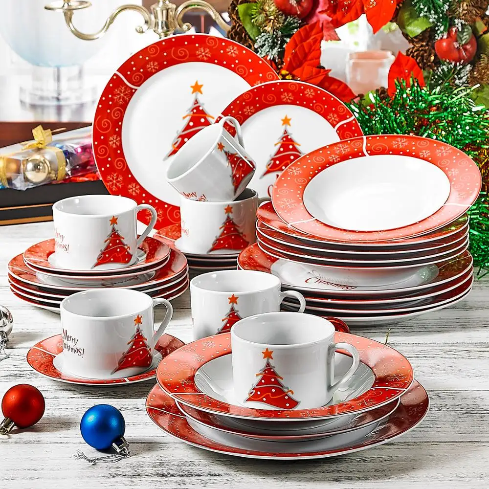 

VEWEET 30-Piece Christmas Pattern Porcelain Dinnerware Set with 6*Cup,Saucer,Dessert Plate,Soup Plate,Dinner Plate Set Gift