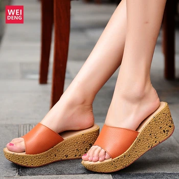 

Weideng Women Genuine Leather Sandals Thick Sole Round Head Middle Heel Open Toe Breathable Durable Classic Summer Slides Cork