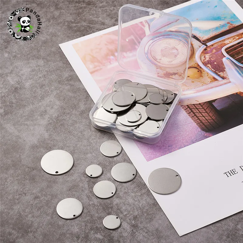 Pandahall 1 коробка пластина из нержавеющей стали Stapmping тег плоские круглые подвески для Ювелирная фурнитура для рукоделия ожерелье браслет 15~ 30x1 мм