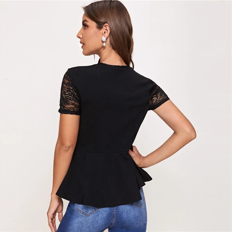 SHEIN Black Lace Yoke Peplum Top Blouse Women Summer Flare Hem Short Sleeve Solid 2020 Womens Elegant Tops and Blouses