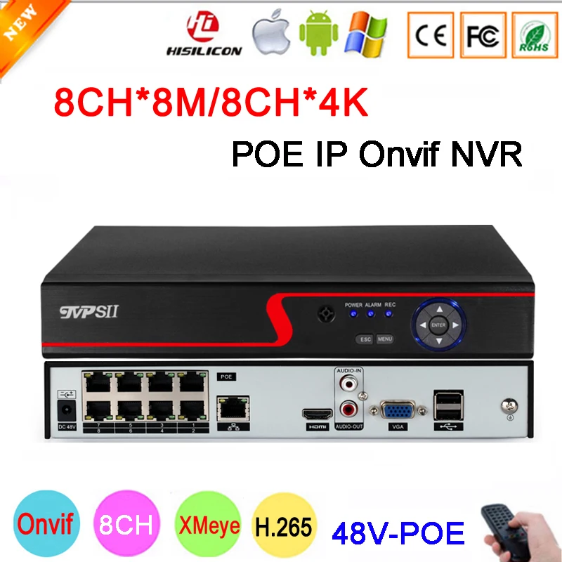 Red Panel Hi3536C Xmeye 4K 8MP 8CH 8 Channel H.265+ Audio 48V POE Onvif IP Camera CCTV NVR main picture