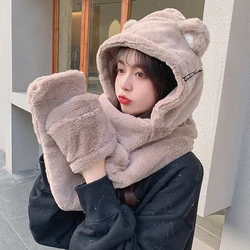 New Bear Ear Hat Glove Scarf Three Piece Set In One Female Simple Letter Winter Warm And Lovely Plush Girl Cap