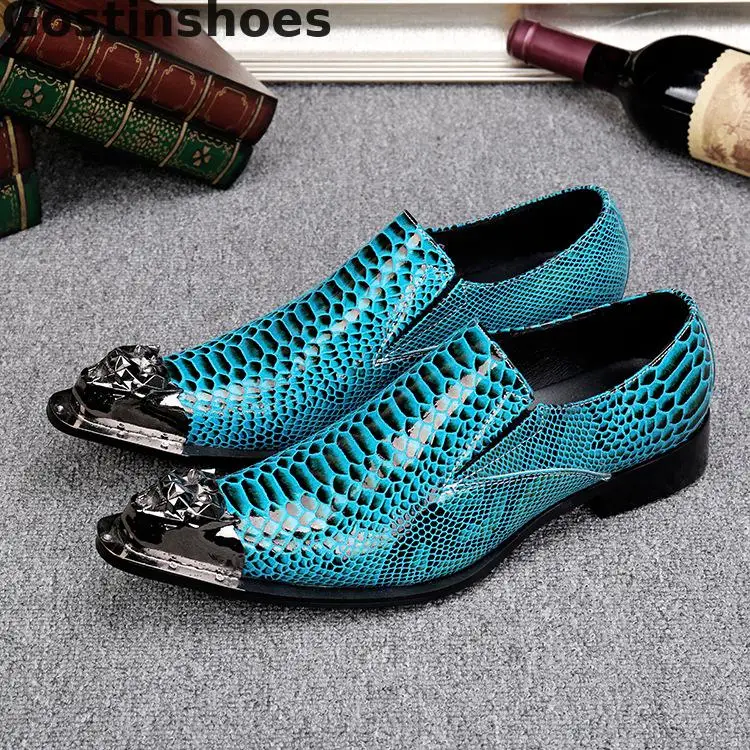 Fashion Shoes Sky Blue Genuine Leather Men Loafers Snakeskin Printed Metal Capped Toe Pointed Slip-on Casual Low Heel | Обувь