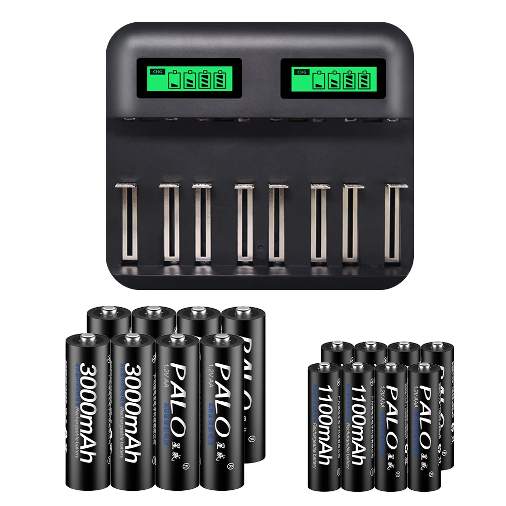 8pcs AA AAA charger PALO ЖК-дисплей умный USB AA AAA зарядное устройство для AA AAA C D батарея+ 1,2 в Ni-MH 3000 мАч AA& 1100 мАч AAA аккумуляторная батарея - Цвет: 8pcs AA AAA charger