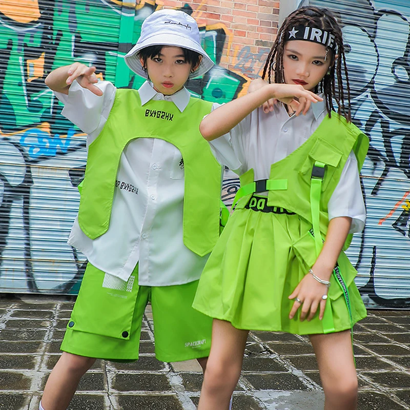 Fluorescent Green Suits Kids Jazz Hip Hop Clothing Girls Costume