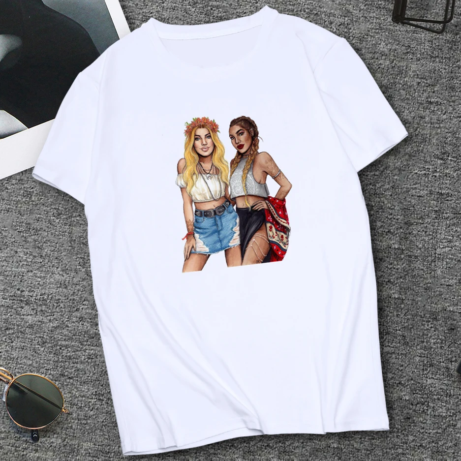 

Fashion Girls Print Tops Summer White Black Tshirt Casual Round Neck Clothing For Women Good Friends T-shirt Gifts
