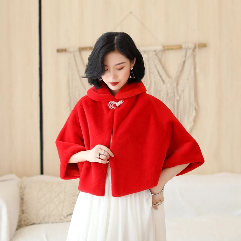 Wine Red Formal Party Evening Jackets Wraps Faux Fur cloaks Wedding Capes Winter Women Bolero Wrap Shawls In Stock shrug