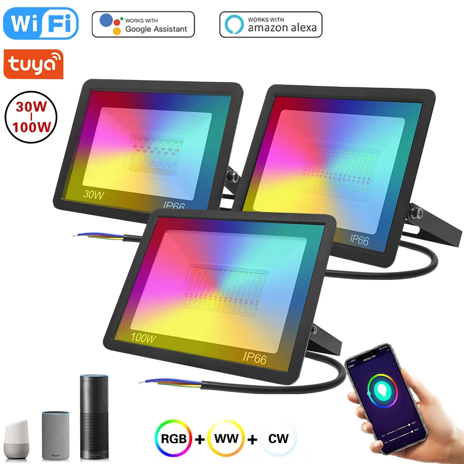 Умный Светодиодный прожектор Tuya IP66 Wi-Fi управление через приложение RGB точечный