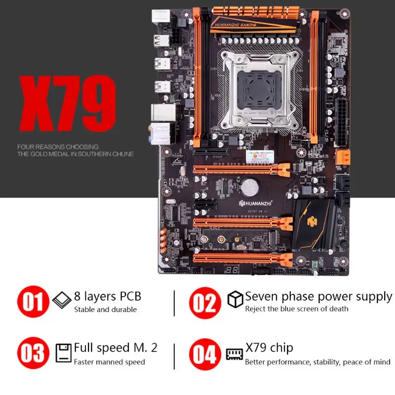 

Huananzhi X79 Motherboard LGA 2011 ATX PCI-E NVME M.2 Support 4x16G REG ECC Memory and Xeon E5 Processor Mainboard