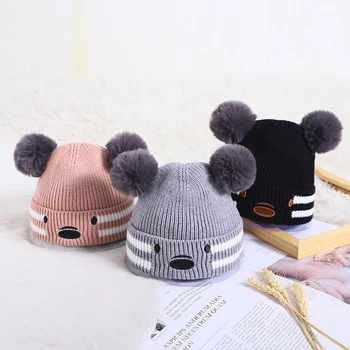 

New Baby Warm Beanie Hat With Bouble Pompom Knitted Caps 0-12M Autumn Winter Infant Hat Cartoon Bear Wool Cap Baby Accessories