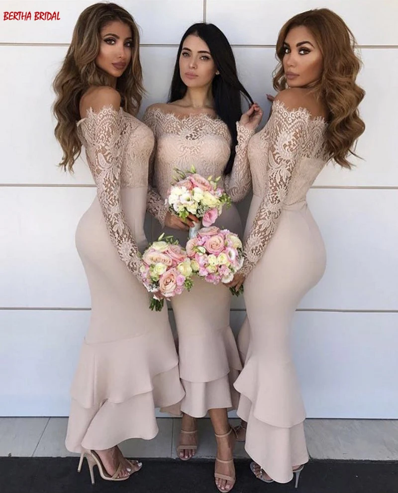 Bridemaid платье с открытыми плечами кружевной топ свадебное платье для гостей с длинным рукавом гофрированное платье для свадебной вечеринки Dama De Honor