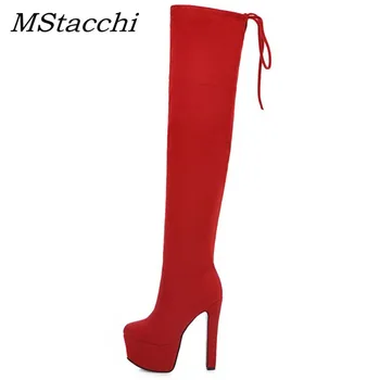 

MStacchi New Arrive Red Sexy Ladies Over The Knee Boots Women Platforms Thick Bottom High Heels Shoes Woman Rear Lace-Up Botas