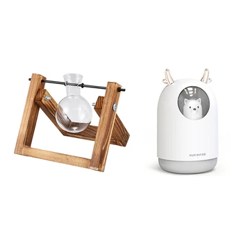 

Wooden Stand Transparent Glass Plant Containers Standing (Stand with 1 Pot) & 300ML Cute Pet Ultrasonic Air Humidifier