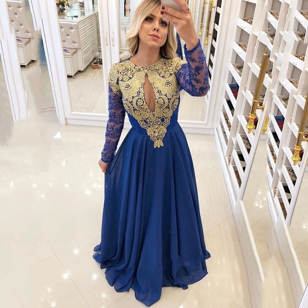 Royal Blue Eightree Королевский Синий Выпускные платья с длинным рукавом шифон Кружева бисером Формальные Выпускные платья Средний Восток аппликации халат вечернее платье - Цвет: Royal Blue
