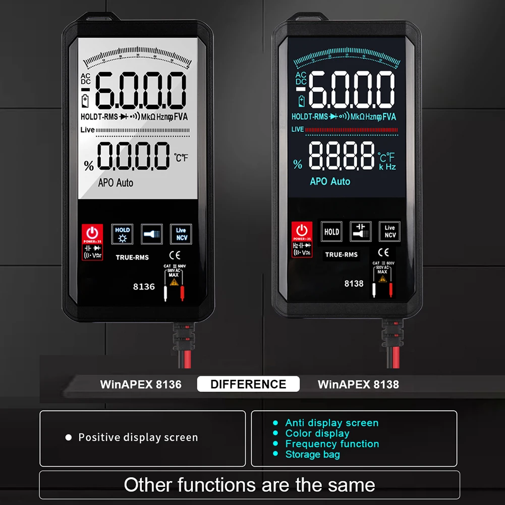 

ET8138/8136 Touch Screen Multimeter Digital Automatic 6000 Count True-RMS Voltage Frequency Capacitance Diode NCV Tester