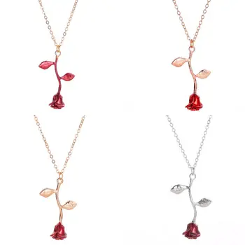 

Rose Necklace Personalized Custom Charm Necklace 3D Rose Flower Beauty and the Beast Jewelry Gift For Women Girls