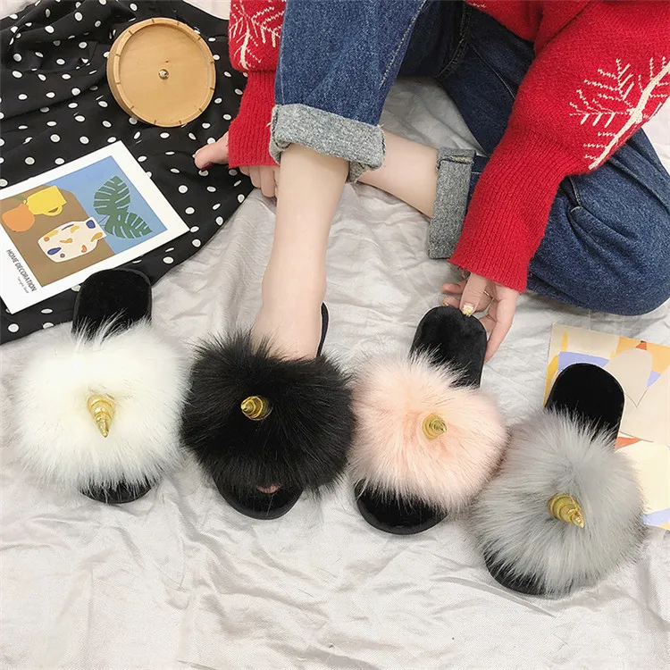 COOTELILI Winter Women Home Slippers with Faux Fur Fashion Warm Shoes Woman Slip on Flats Female Slides Black Christmas Gift