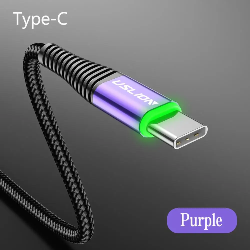 USLION 2 м светодиодный 3 А usb type C кабель Quick Charge 3,0 для samsung S10 телефонный зарядный провод USB C кабель для быстрой зарядки Xiaomi - Цвет: Purple