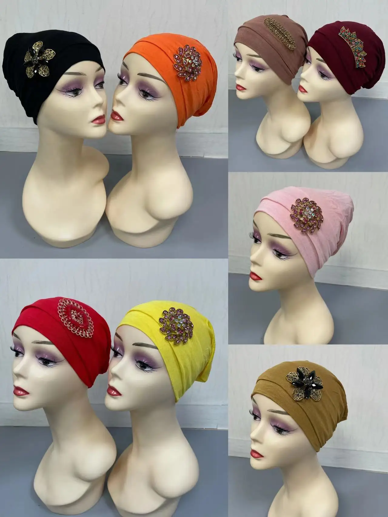 

Nice Muslim Hijab Elastic Cotton Turban Hat With Accessories Women Warm Head Scarf Bonnet Inner Hijab Cap Chemo Hat 12pcs/pack