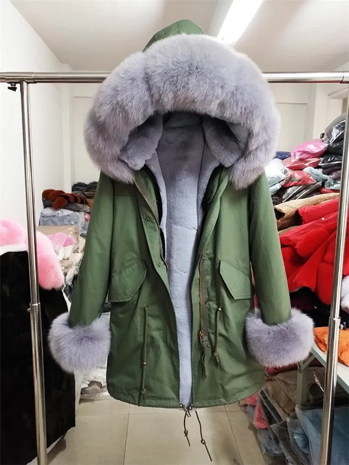Подкладка из кроличьего меха Рекс Для женщин парки размера плюс 4XL на натуральном меху пальто зимняя куртка длинные Для женщин лисий меховой воротник парка с капюшоном