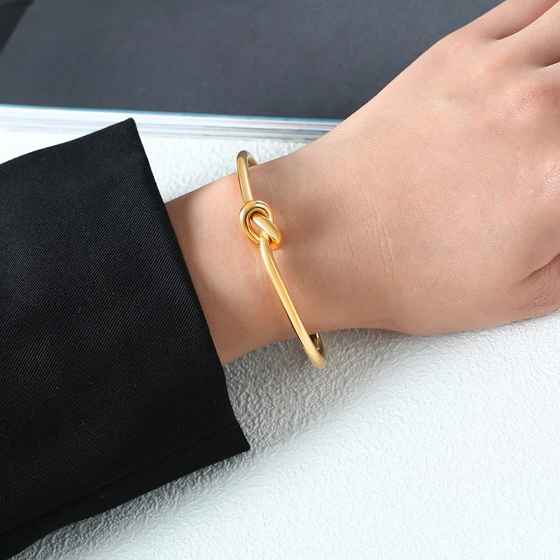 Stainless Steel Bracelet Candid Style Knot Cuff Bangle for Women Gold Color Tie Charm