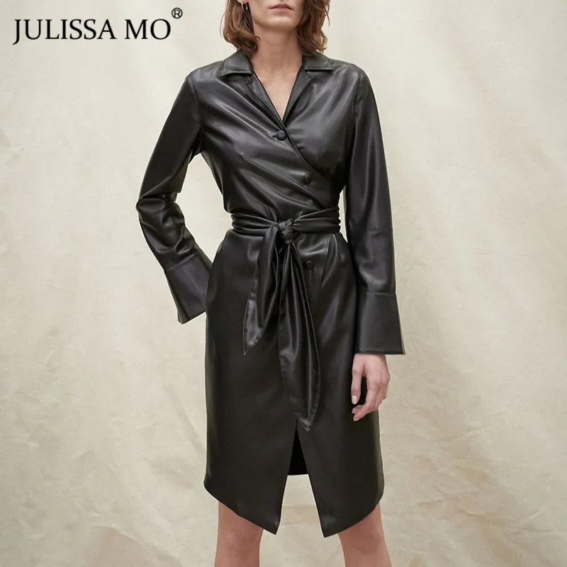 Julissa mo шикарные однобортные длинные пальто из искусственной кожи женские элегантные с поясом теплые зимние тренчи повседневные куртки из искусственной кожи