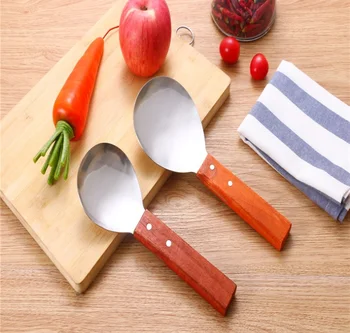 

50pcs Large Capacity Stainless Steel Food Serving Scoop Wood Handle Rice Spoon Tableware Kitchen Utensil WB1783