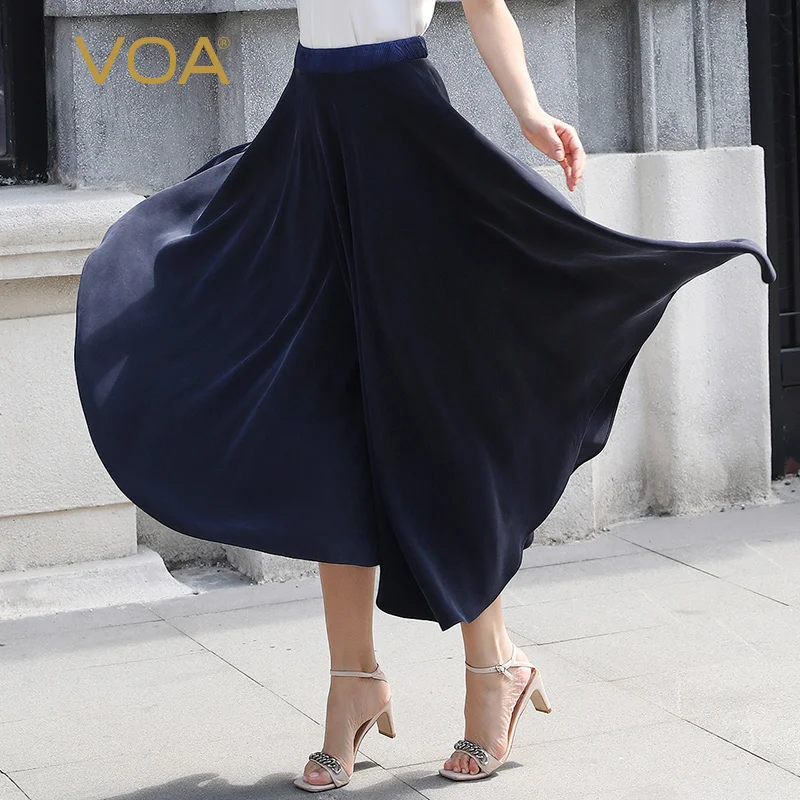 

VOA 40mm Navy Blue Middle Waist Asymmetrical Fold Splicing European Version Loose Silk Pants harajuku befree pantalon femme K880