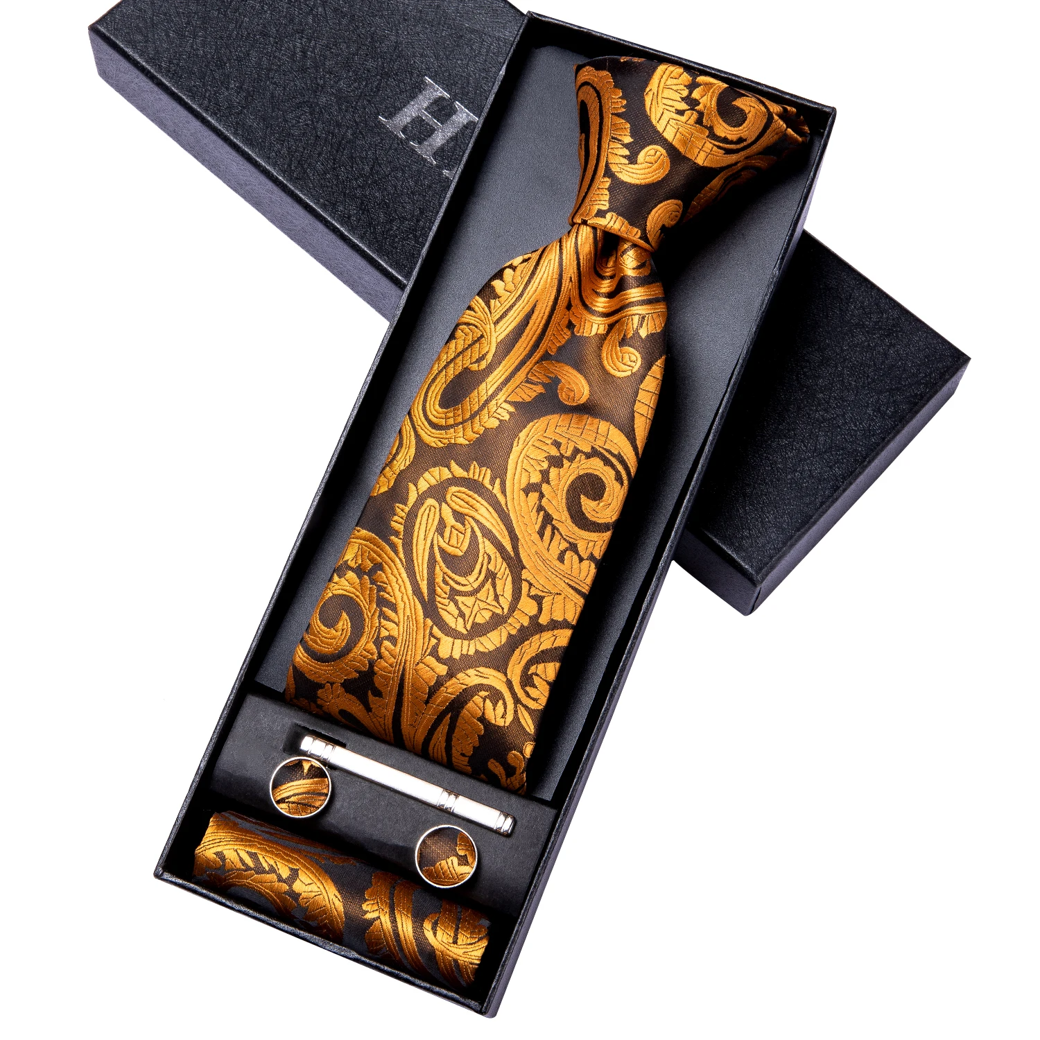 

Hi-Tie Glod Paisley Necktie For Men Classic Luxury Men's Tie Set Silk Fashion Gift For Men Hanky Cufflinks Set High Quality
